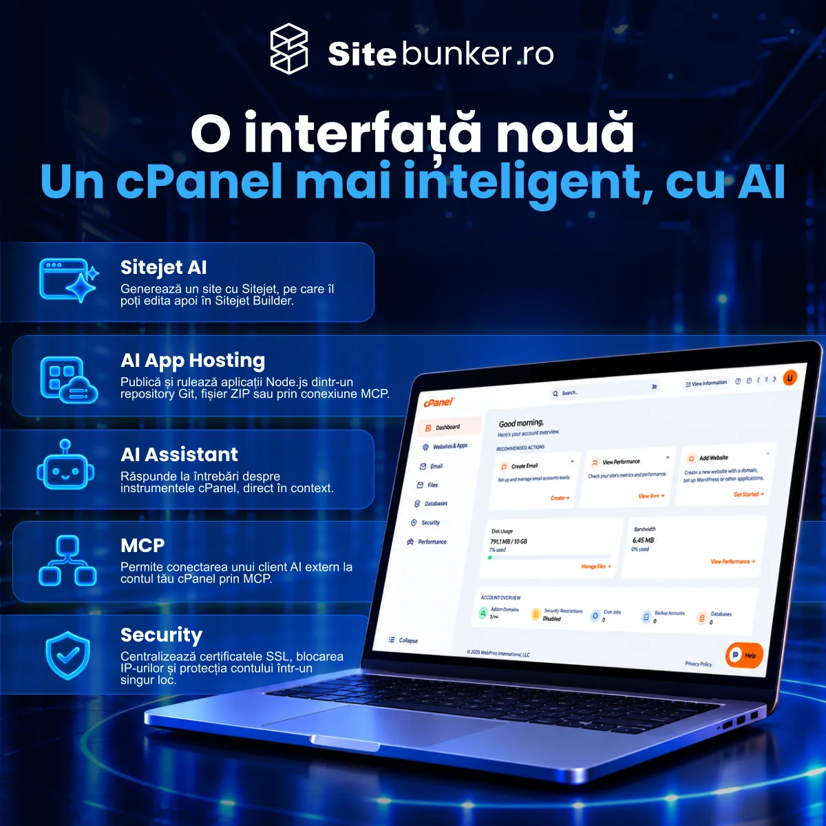 O interfață nouă: un cPanel mai inteligent, cu AI – Sitejet AI, AI App Hosting, AI Assistant, MCP și Security