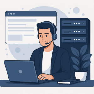 Suport tehnic profesionist pentru găzduire web – operator IT asistând un client